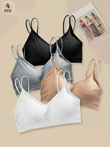 4pcs Girls Simple Solid Color Comfortable Seamless Camisole Lingerie Bras, Women Lingerie Bra