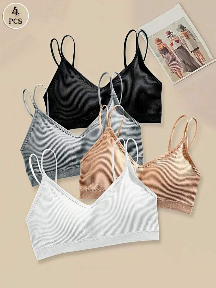 4pcs Girls Simple Solid Color Comfortable Seamless Camisole Lingerie Bras, Women Lingerie Bra