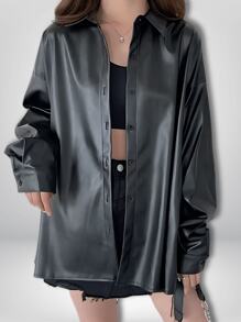 Camisera tipo Chaqueta de Piel Sintetica Negra con Forro Afelpada con Botones Manga Larga Unicolor Y2K para otoño e invierno vestimenta oeste para mujer Sexy y Con Estilo Motociclista o Moda - Negro - Ver 1