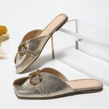 Hot-Selling Solid Color Metal Buckle Peep-Toe Slippers For Women To Wear Outside In Summer Flat Bottom Soft Sole French Style Simple Internet Celebrity Style - Gold - View 15