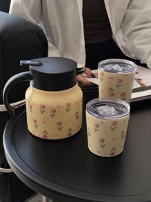1 pezzo Teiera in acciaio inossidabile con doppia parete, da 800ml, con motivo a tulipani rosa, adatta per ufficio, ristorante, all'aperto, scuola ecc. Ottimo regalo per Natale, San Valentino, Festa della mamma, Ritorno a scuola