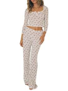 Women Pajama Set Heart/Bear Print Long Sleeve Crop Tops Elastic Waist Long Pants 2 Pcs Lounge Outfit