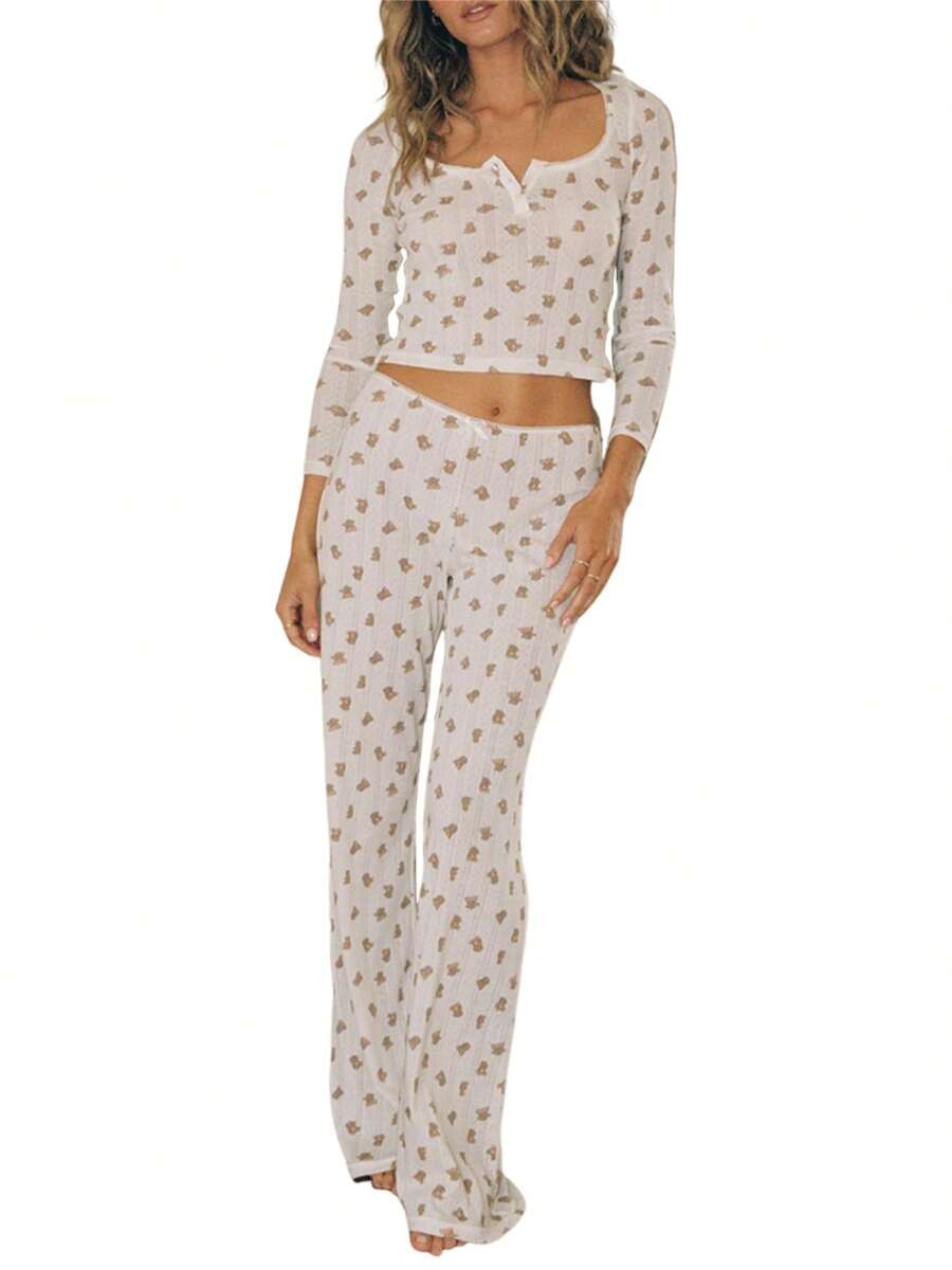 Women Pajama Set Heart/Bear Print Long Sleeve Crop Tops Elastic Waist Long Pants 2 Pcs Lounge Outfit