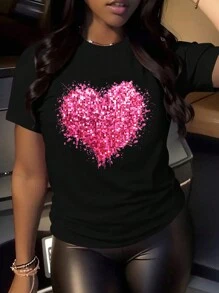 Camiseta con corazón brillante rosa, perfecta para el Día de San Valentín, camiseta de Día de San Valentín con corazón de lentejuelas falsas, regalo para ella, camiseta de amor para mujer de talla grande de manga corta y cuello redondo, casual, para vacaciones de verano - Negro - Ver 1
