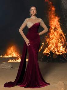 Faeriesty Rhinestone Detail Sheer Bodice Contrast Velvet Mermaid Hem Formal Dress, Party Dress, Wedding Guest Dress, Evening Dress