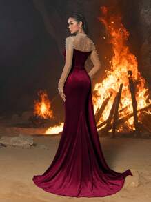 Faeriesty Rhinestone Detail Sheer Bodice Contrast Velvet Mermaid Hem Formal Dress, Party Dress, Wedding Guest Dress, Evening Dress