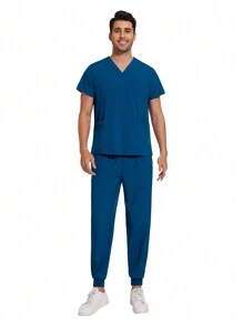 Conjunto de pijama médico para hombres con parte superior de manga corta multicolor + pantalón tipo jogger, uniforme de enfermería, veterinaria y trabajo