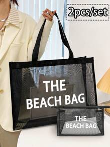 Large Capacity Mesh Bag Set,"The Beach Bag "Pattern Printed Mesh Bag,Mesh Beach Bag Tote Bag ,Mesh Cosmetic Storage Bag,Foldable Swim Large Capacity Beach Bag Waterproof Sandproof,Letter Decor Mesh Beach Tote Women Shoulder Handbag,Personalized Gift Bag, Makeup Bag, Perfect For Beach Vacation, Travel, Shopping, And Vacation Essentials