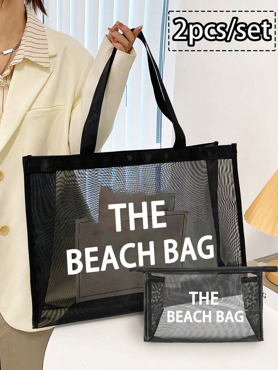 Large Capacity Mesh Bag Set,"The Beach Bag "Pattern Printed Mesh Bag,Mesh Beach Bag Tote Bag ,Mesh Cosmetic Storage Bag,Foldable Swim Large Capacity Beach Bag Waterproof Sandproof,Letter Decor Mesh Beach Tote Women Shoulder Handbag,Personalized Gift Bag, Makeup Bag, Perfect For Beach Vacation, Travel, Shopping, And Vacation Essentials