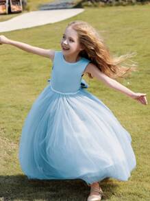 Tween Girls' Blue Backless Dress With Large Bow Decor, Mesh Patchwork Summer Maxi Gown
