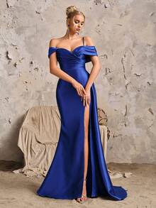 Vestido Longo Assimétrico de Baile Gracioso, Cintura Alta Para Mulheres, Fenda Lateral Drapejada, Elegante Vestido de Noite Formal Para Baile, Formatura ou Jantar - Azul Royal - Visão 7