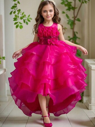 少女闪亮亮片多层薄纱舞会礼服，伴娘毕业婚礼公主裙，适合 4 季