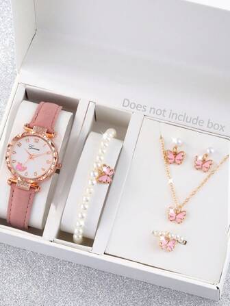 1 Set Includes 1 Pc Girl Pink PU Strap Quartz Watch With Cute Rhinestone Whale Pattern Dial And 5 Pcs Rhinestone Jewelry Decoration Set, Gift