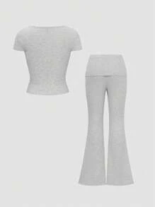 女士两件套运动休闲纯色性感修身方领短袖上衣微喇裤套装