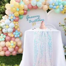 1pc Rainbow Blue Sparkly Table Cloth, 30cm X 275cm, Baby Shower Decoration, Rectangular Glitter Tablecloth For Birthday Party, Home Decor