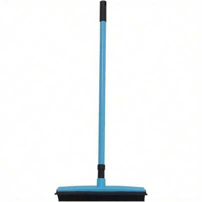 Blue Rubber Cleaning Broom With 48in Telescopic Handle - Featuring Electrostatic Rubber Bristles And Squeegee Edge For Pet Hair, Dirt & Spillages