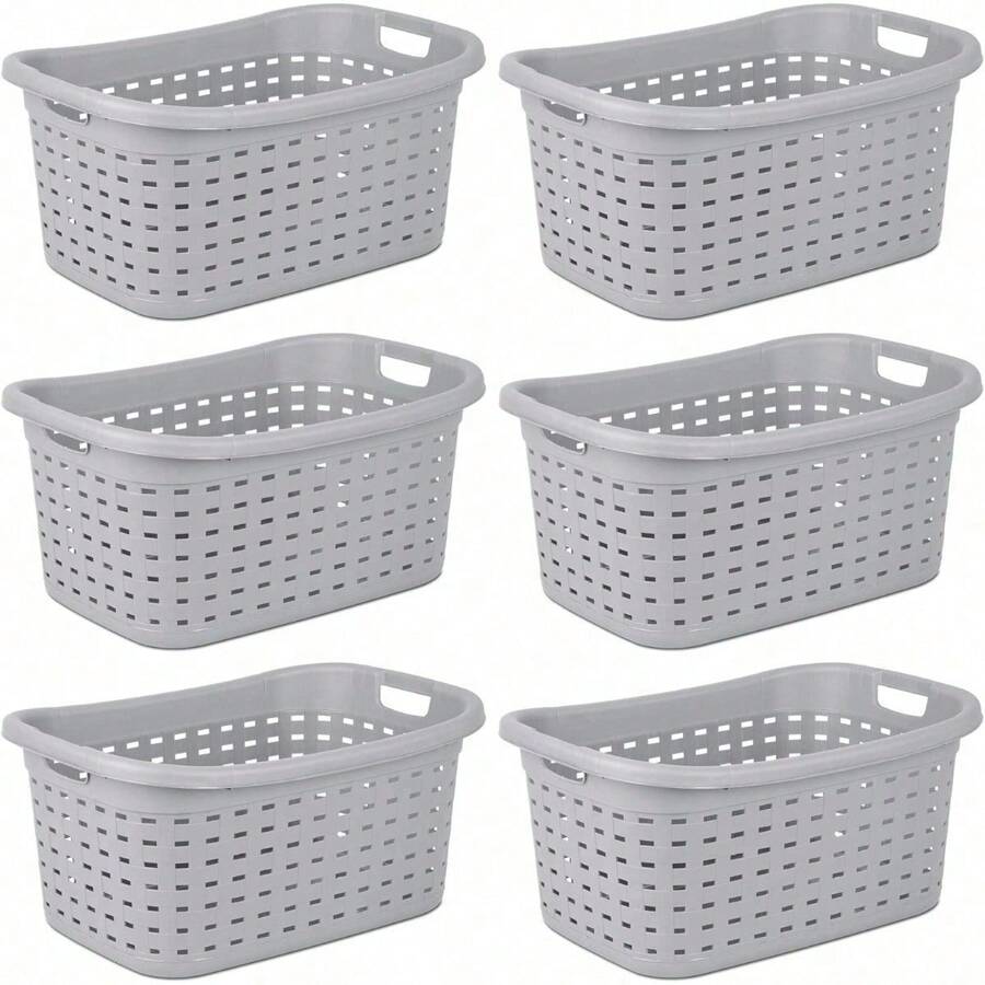 Weave Laundry Basket, Freestanding Plastic Clothes Hamper With Handles, 6 Pack, Cement
