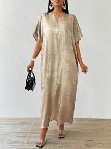 1 件复古风格长款 Abaya 长袍连衣裙，女士传统长袍，休闲海滩度假开衩下摆连衣裙，端庄 - 米色 - 查看 3