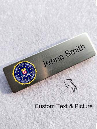 Customized Brushed Silver Stainless Steel Name Plate, UV Printed Image & Text For Office Employee