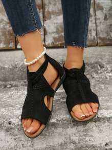 大码女式舒适黑色刺绣罗马凉鞋，户外平底一脚蹬夏季鞋 - 黑色 - 查看 1