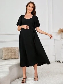 2025 Spring/Summer New Square Collar Flare Hem Maternity Dress With Short Sleeves - Black - View 2