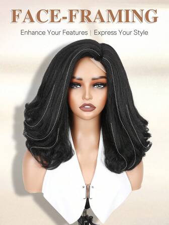 Peluca sintética con ondas sueltas tipo bob ondulado, sin pegamento, con raya lateral natural, para mujer (color negro, 16 pulgadas)