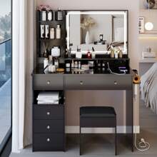 MoolSun Makeup Vanity Desk With Mirror,Hair Dryer Holder &Charging Station &Small Bench,Vanity Desk With 5 Drawers &Storage Shelves,Vanity Table, 3Color Modes & Adjustable Brightness Dressing Table Small Dressing Table For Bedroom With Light Bulbs Color & Brightness Adjustable,Festival Gift For Girls Women,Small Vanity Set,A Small And Exquisite Dressing Table.