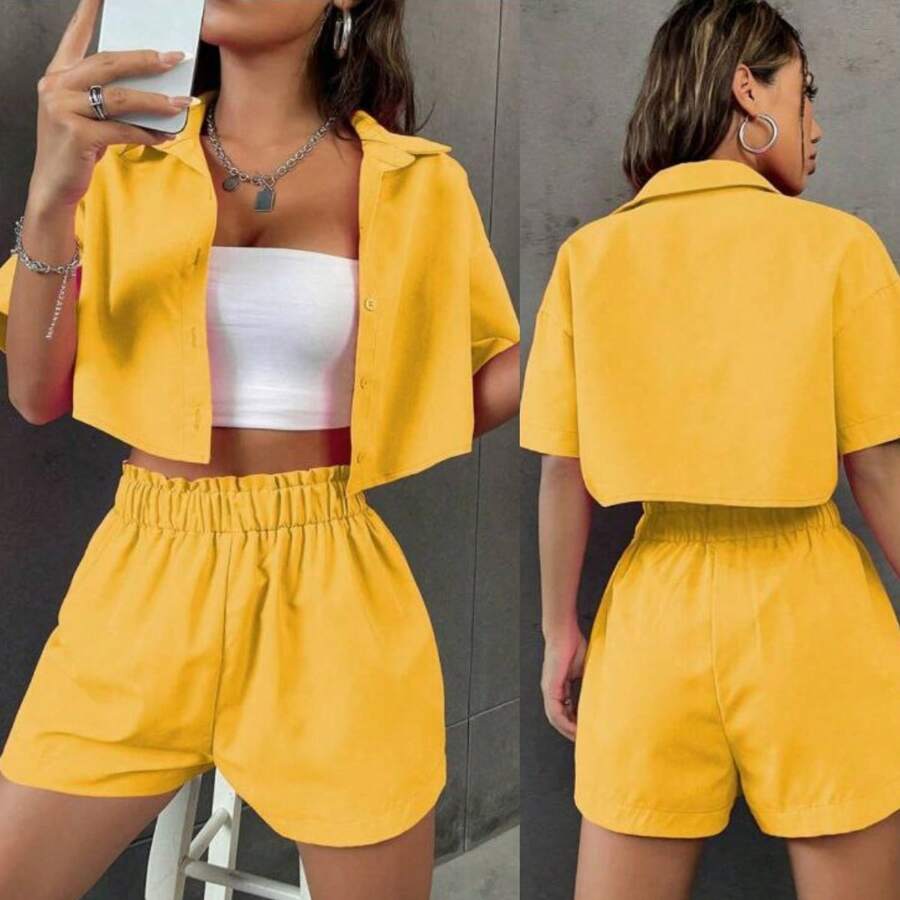 3-Piece Set Short Crop Top Blouse Straps Shirt Youth Fresh - 黃色 - 查看 1