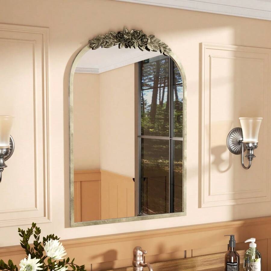 UNHO Vintage Baroque Arched Brass Mirror Metal Frame Antique Wall Mounted Mirror 60,5x91,6cm - 香檳色 - 查看 1