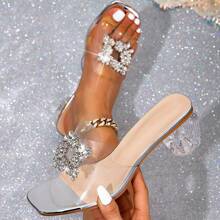 Women's Fashion High Heel Sandals, Upgraded Euro/US/Middle East Popular Item, Soft Transparent Glass Jelly, Shiny Fashion Buckle Embellishment, Laser Cut Asymmetric Heel, Mid-Thick Heel Sandals, Open Toe Mule Sandals, Lightweight Sexy High Heels, Elegant Mid-Heel Mule Sandals, Silver Sandals