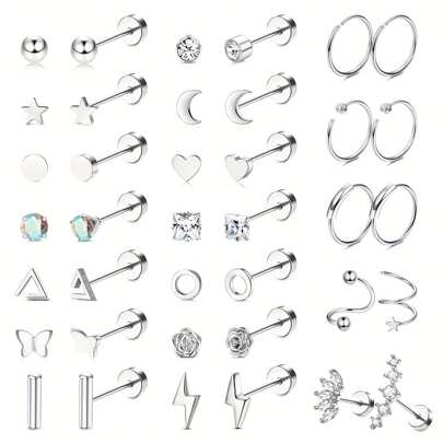 38pcs Medical Grade Stainless Steel Flat Back Earrings, Unisex, Includes 18G Stainless Steel Studs & Hoops, Plus Petite CZ Heart, Star, Moon & Opal Cartilage Earrings