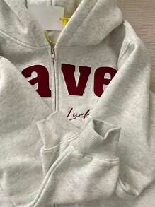 Sudadera de mujer de manga larga con cremallera y bordado de letras(Plano por dentro, sin cepillar) - Gris Claro - Ver 3