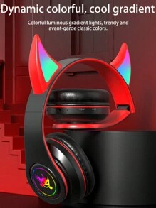 Auriculares diadema con cuernos de diablo inalámbricos iluminados, auriculares plegables de graves intensos - Negro - Negro - Ver 4