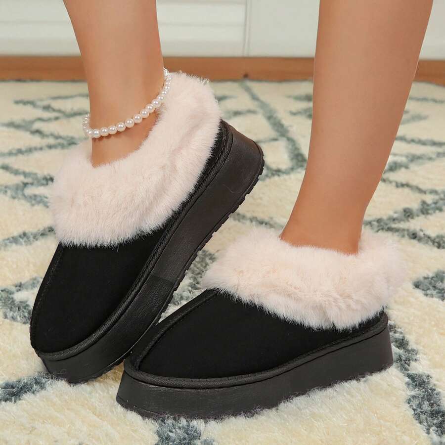 Women's Ankle Snow Boots - Warm Suede Shearling Slippers With Thick Soles For Winter - Comfy & Casual Womens Snow Boots - Black - View 1