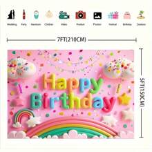 Telón de fondo de pared con tema de nubes arcoíris y estrellas para cumpleaños, decoración festiva alegre de color rosa, adecuada para celebración de pastel y fotografía de eventos - Multicolor - Ver 4