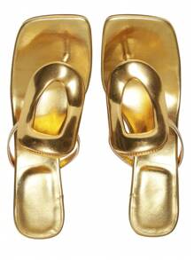 Metallic Women Flip Flops Sandals Kitten Heels Square Toe Colorful Metal Sexy Fashion Elegant Dress Summer Shoes - 金色 - 查看 6