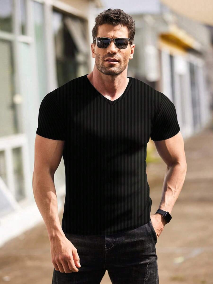 2025 Men's Spring And Summer Fashionable Simple Special Texture Ribbeds Are Skin-Friendly And Comfortable Slim Fit V-Neck Short Sleeves