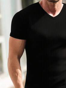2025 Men's Spring And Summer Fashionable Simple Special Texture Ribbeds Are Skin-Friendly And Comfortable Slim Fit V-Neck Short Sleeves
