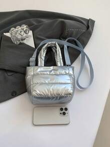 简约轻便尼龙羽绒夹克、多功能迷你手提包和单肩包 - 銀色 - 查看 4