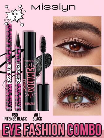 Misslyn 2件套魅力眼线液和睫毛膏套装，BOSS BABE！Boom Black Boom 眼线液，防水液体墨水眼线液，超显色且防水，可打造浓郁精准的线条，共有4种鲜艳颜色可选：棕色、黑色、红色和蓝色，持久哑光液体眼线液。