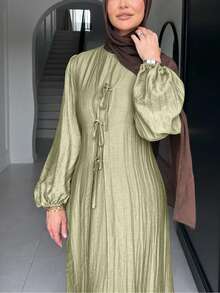 女式前蝴蝶结阿拉伯风格连衣裙，端庄 - 薄荷綠 - 查看 5