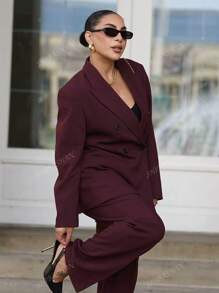 Chaqueta de blazer burdeos elegante para mujer, de manga larga con solapa entallada y doble botonadura, abrigo de vestir para oficina y negocios