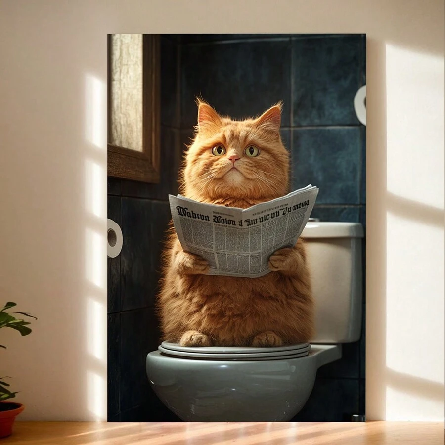 Toilet Funny Cat Decoration Poster, Fat Cat Reading Newspaper Wall Art, Perfect For Bathroom, Bedroom, And Living Room - Canvas Painting - View 1
