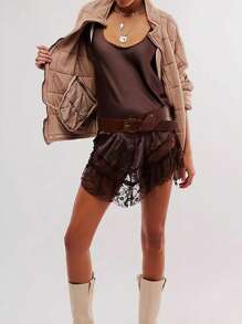 Women's Lace Flowy Mini Dress Y2k Sleevelss Backless Slip Dress Drop Waist Short Tunic Dress Lingerie Nightgown - Cà phê - Xem 4