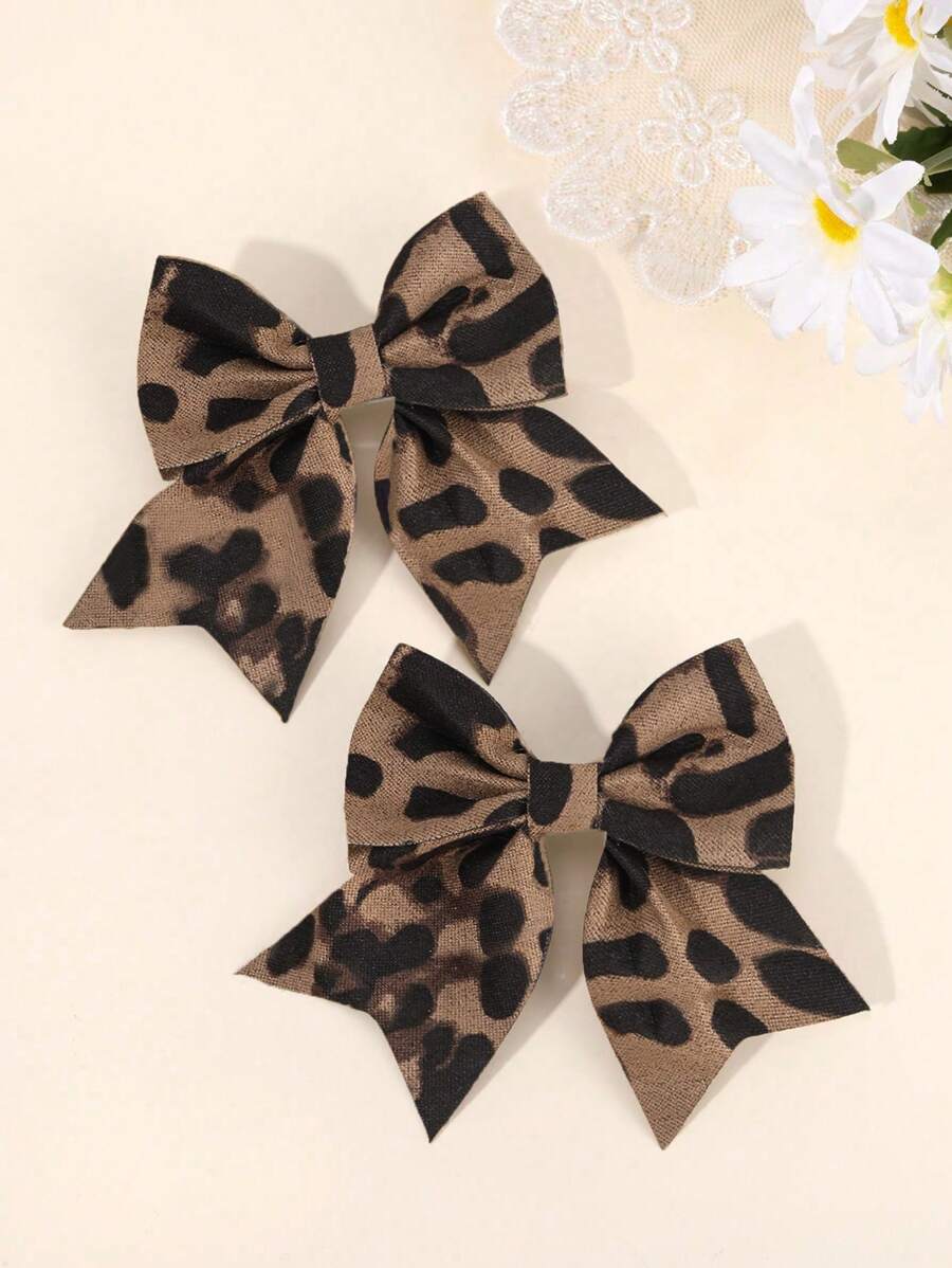 2个经典豹纹发夹，卡其色蝴蝶结鳄鱼夹，带全衬里，优雅蝴蝶结发夹，适合女孩日常佩戴，儿童配饰，情人节爱心发夹 - 彩色 - 查看 1