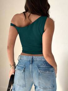 Damska bluzka w jednolitym kolorze, z krótkim rękawem i asymetrycznymi ramionami, na co dzień, na lato - Ciemnozielony - Zobacz 4