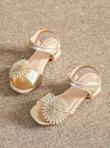 Gold Metallic High Heel Sandals For Little Girls, Children Summer Sandals With Hook & Loop Closure
