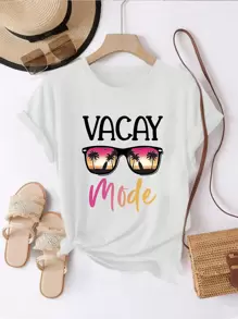 度假风眼镜印花时尚女士休闲牛奶丝短袖上衣夏季 - 白色 - 查看 1