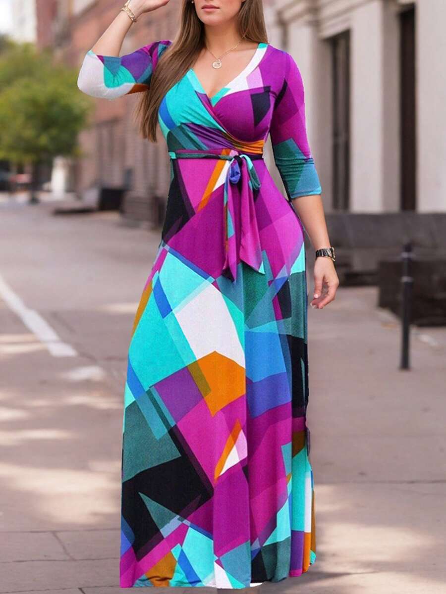 SANOPY Dresses For Women,Wedding Guest Dresses For Women,Women's V-Neck Three-Quarter Sleeve Tie Pocket Print Dress - 紫色 - 查看 1