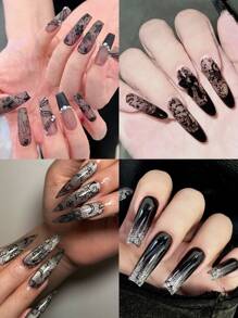 黑色蕾丝美甲铝箔转印贴纸花瓣性感复古蕾丝美甲用品星空纸全息 DIY 转印铝箔美甲贴 10 件（不含粘合剂） - 黑色 - 查看 8